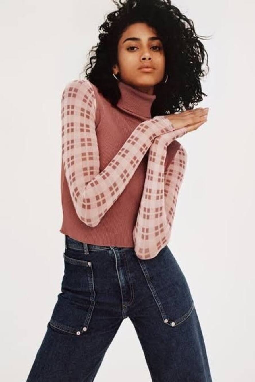 NEW Zara Pink Ribbed Plaid Sheer Sleeves Fitted Preppy Turtleneck Sweater M